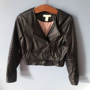 H&M juniors black faux leather zip up moto jacket size 4
